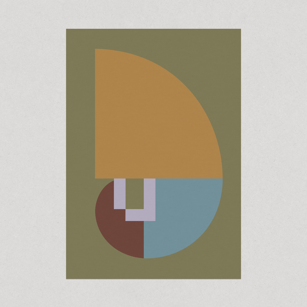 Aura N°3 abstract art print featuring a continuous geometric spiral composed of olive green, muted mustard, slate blue, and dusty rose segments on a textured off-white background.