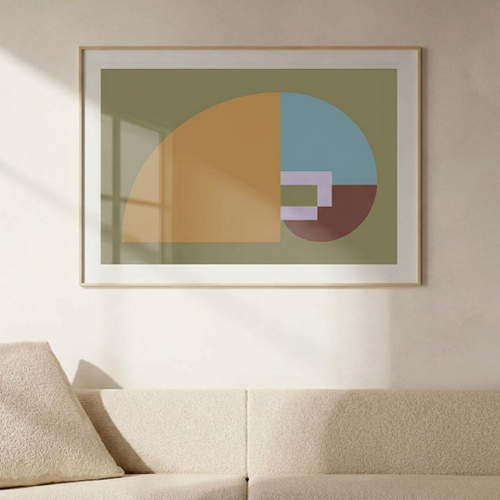 Aura N°3 abstract art print featuring a continuous geometric spiral in muted earth tones, framed and hanging on a neutral wall above a modern cream-colored textured sofa.