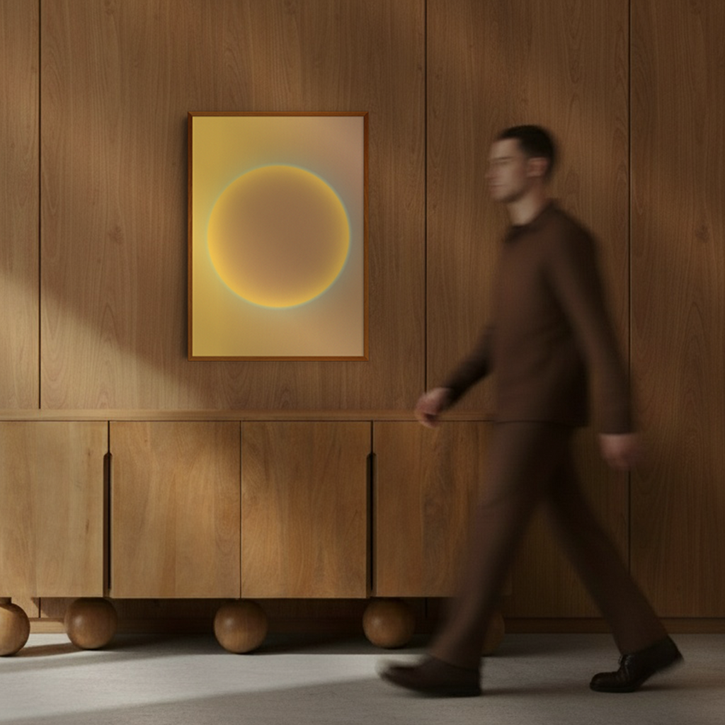 Modern interior with Solar N°1 abstract geometric sun art print hanging on a wooden wall above a minimalist sideboard.